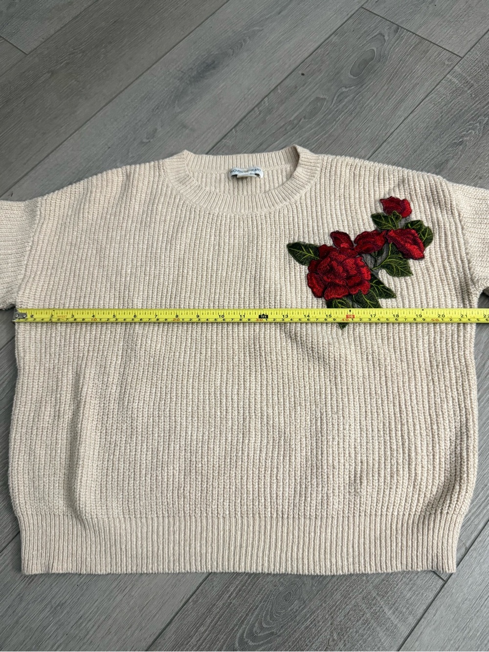 Woven Heart Cream Crewneck Sweater with Red Rose Embroidery - Picture 5 of 7
